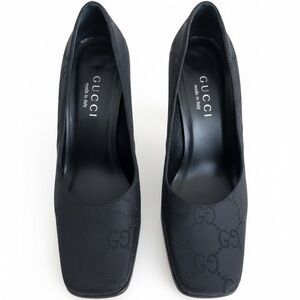 SOLD OUT Vintage Gucci GG Monogram Fabric Pumps Black Square Toe Heels 37.5